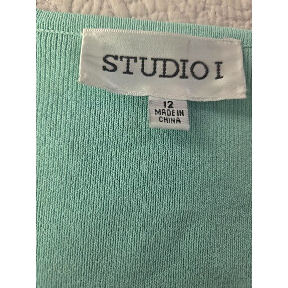 Studio I Aqua Tie-Front Cardigan*Floral Embroidery Short Sleeves*NWT* Size 12 - Picture 2 of 5